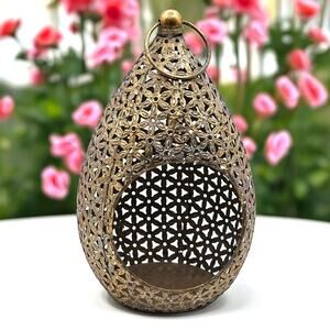 Moroccan Teardrop Hanging Lantern Gold Metal Floral Cutout Vintage Style 13x7
